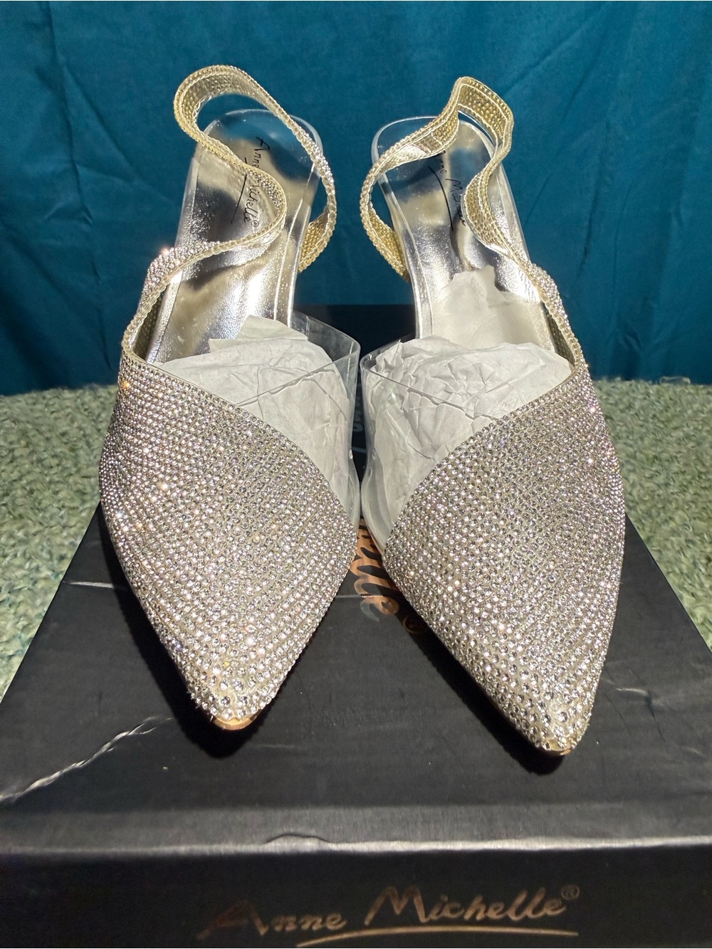 Anne Michelle Silver Crystal Pointed Slingback Flats